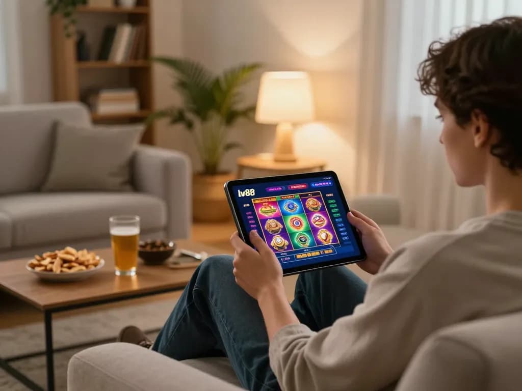 Engaging with the lv88 casino app on a tablet while relaxing at home.