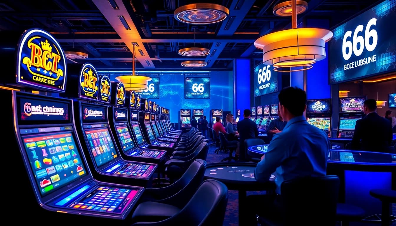 Experience the excitement of 66club with vibrant gaming tables and enthusiastic players in a modern casino atmosphere.