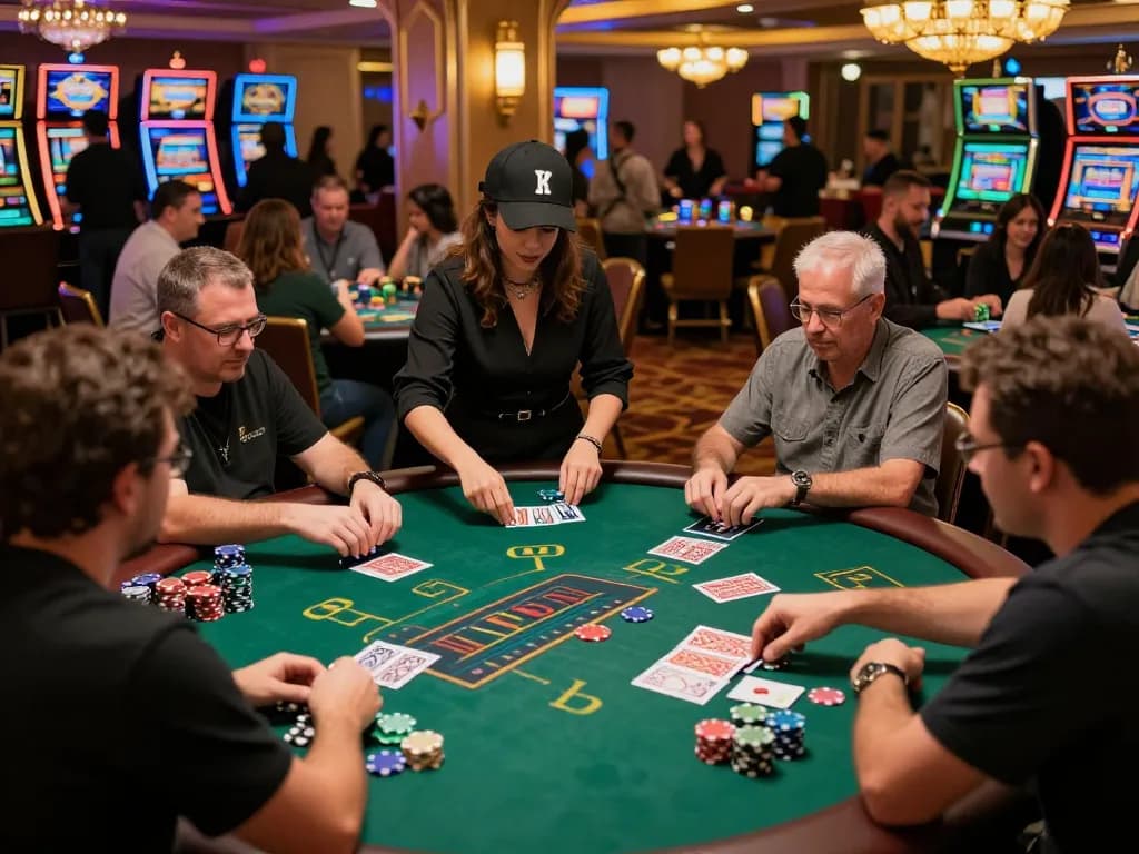 Players engaged in an exciting game of blackjack with HM88 strategy involved, colorful chips stacked prominently.
