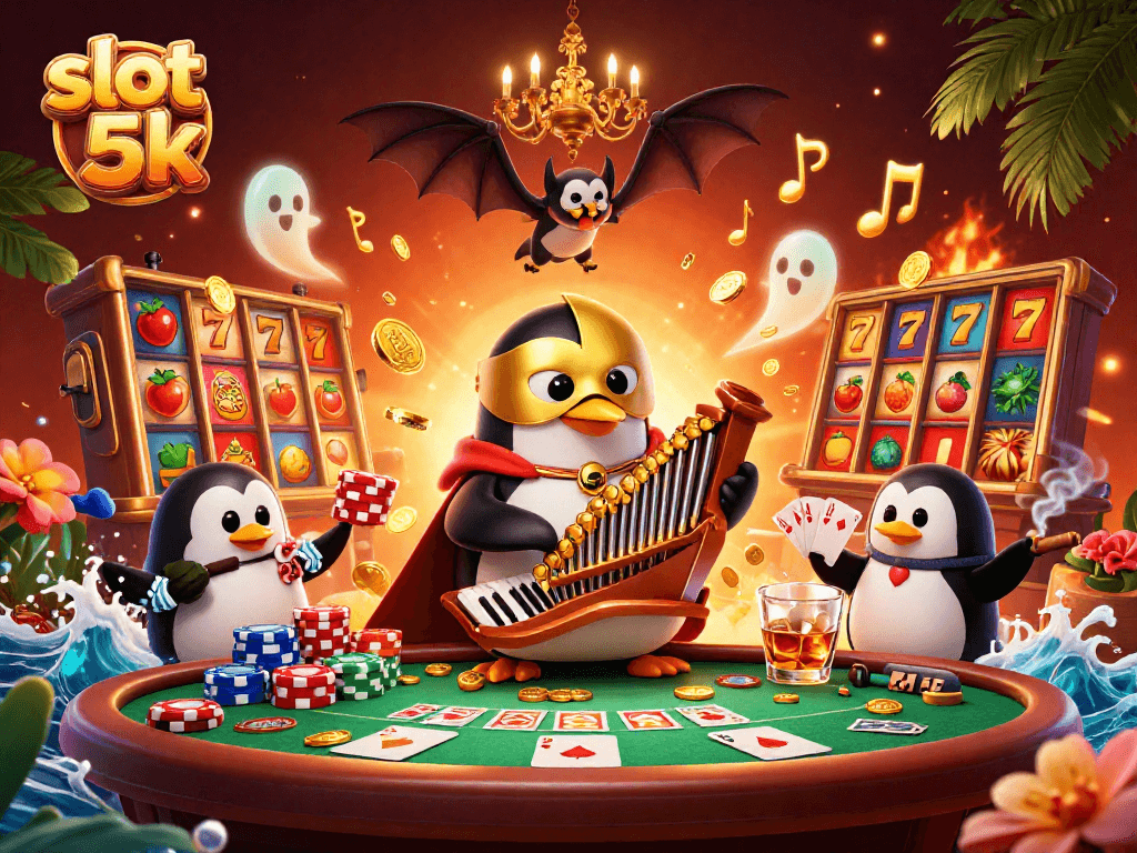 Experience the excitement of slot 5k with a vibrant 3D casino scene featuring a whimsical penguin and dynamic game elements.