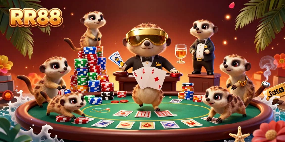 Experience the excitement of RR88 with meerkats managing a lively casino scene.