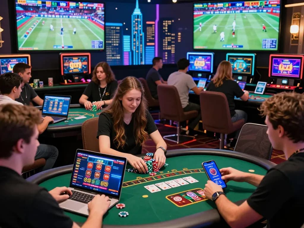 Exciting online gaming scene at tv88 com, showcasing players engaging with betting interfaces amid vivid casino graphics.