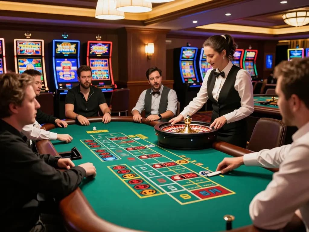 Exciting casino scene with players engaging at a roulette table.
