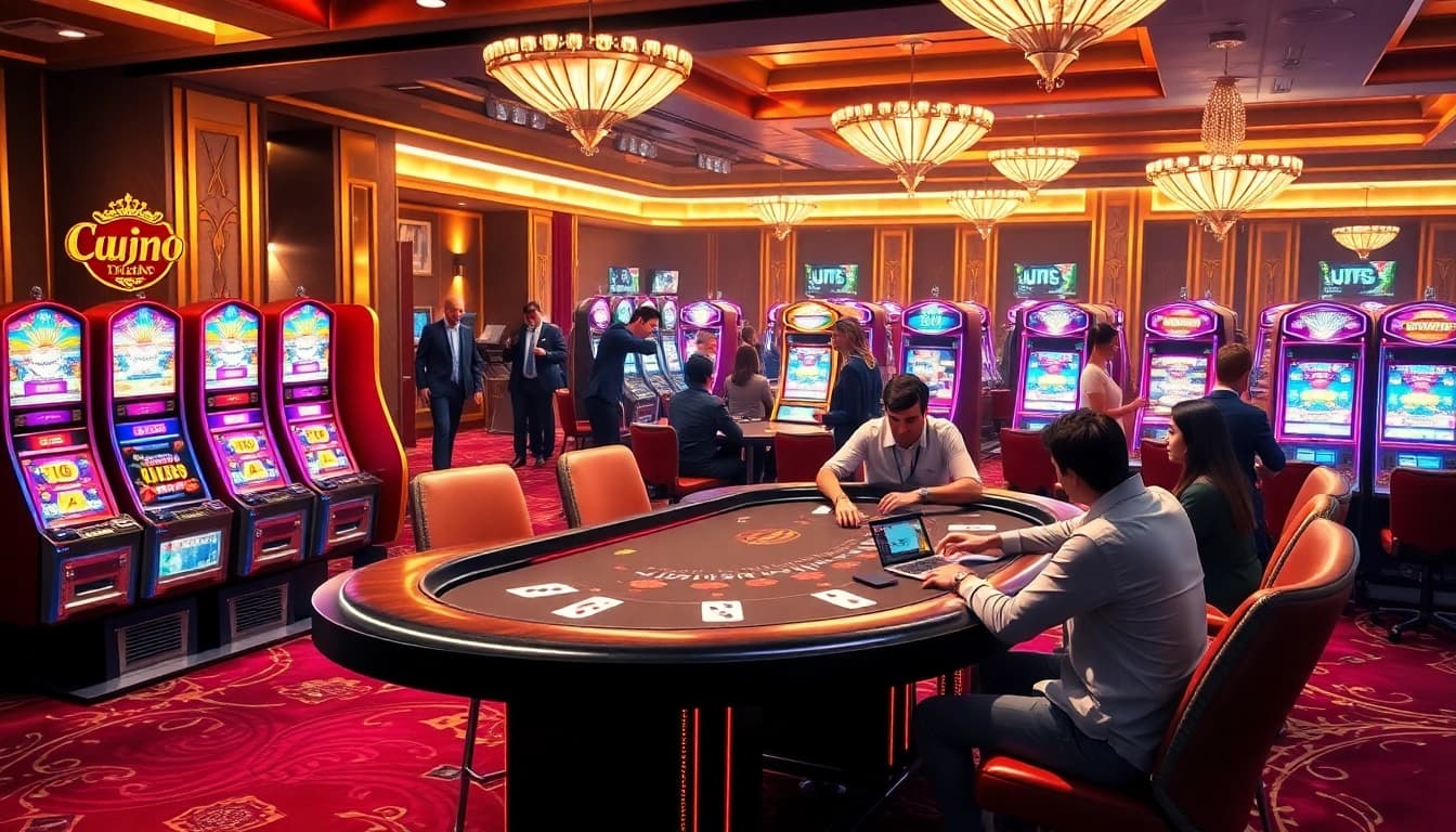 Experience the thrill of uu88 at a luxurious casino filled with poker tables and slot machines.