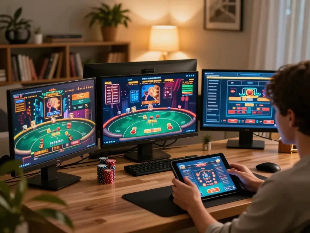 Engaging in online casino gaming on a tablet in a cozy setting, featuring B52-themed poker interface