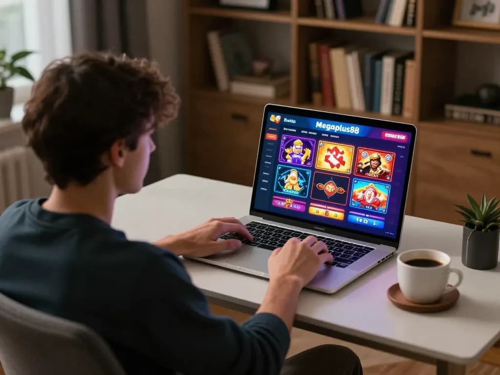 Player enjoying Megaplus88 online casino games in a warm home setting, laptop displaying vibrant game interface.