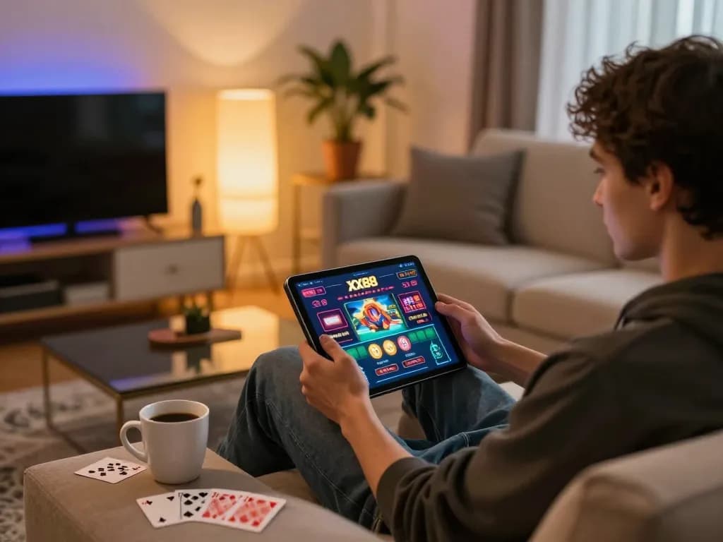 Engaging with xx88 casino app on a tablet in a cozy home setting, showcasing online gaming