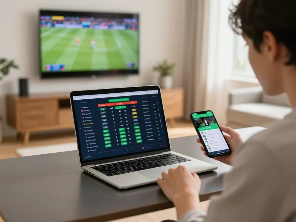 UU88 user placing live sports bets on a laptop while watching the game on TV from the comfort of home