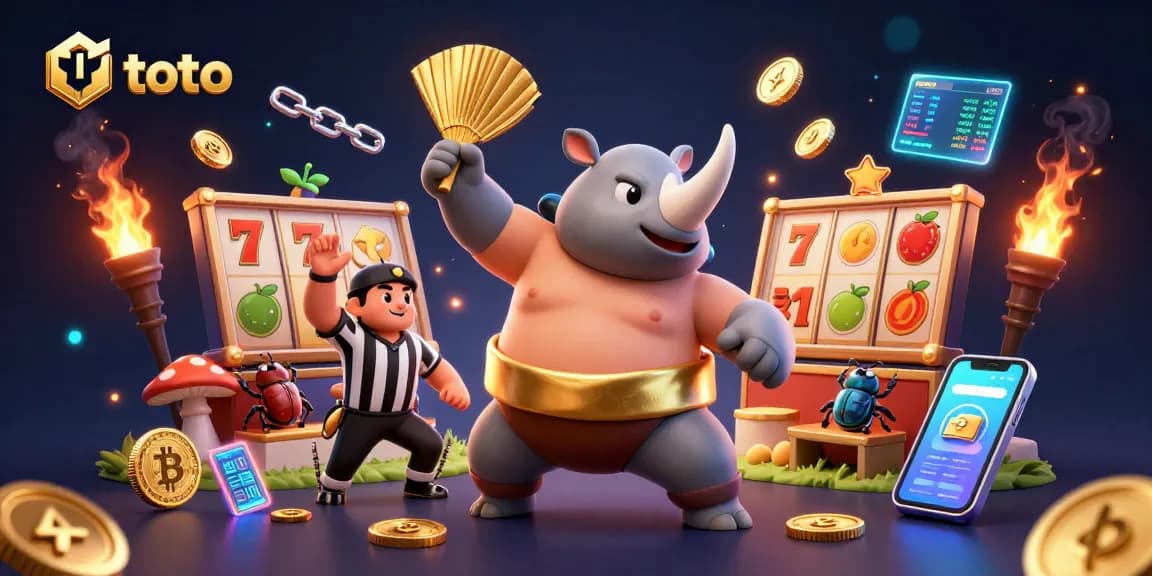 Experience thrilling toto slot games with a sumo beetle champion and golden coins flying.
