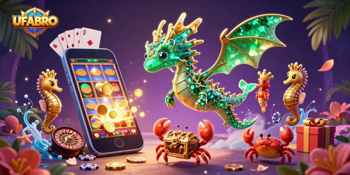 Experience big wins with UFABRO's vibrant 3D casino scene featuring slot games and elegant underwater characters.