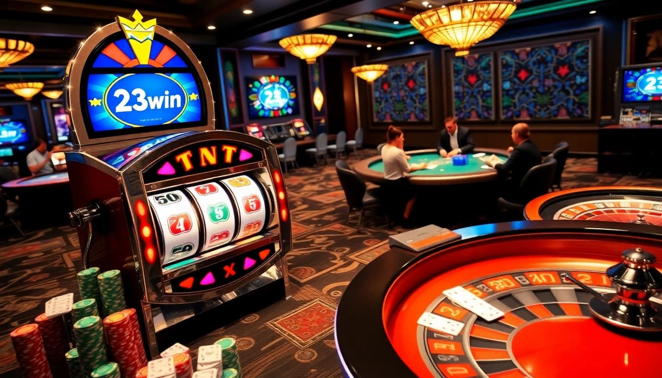 Experience the excitement of 23win with players at a vibrant casino table.