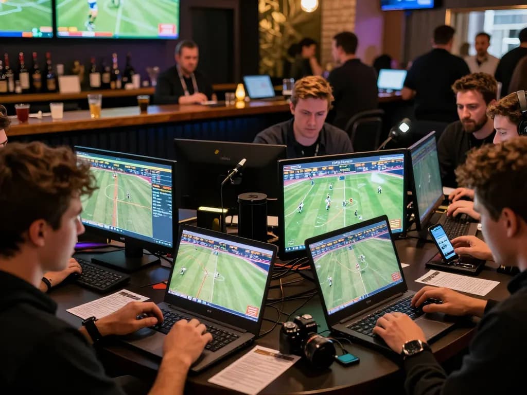 F168 bettors engaged in live sports betting at a vibrant venue with multiple screens
