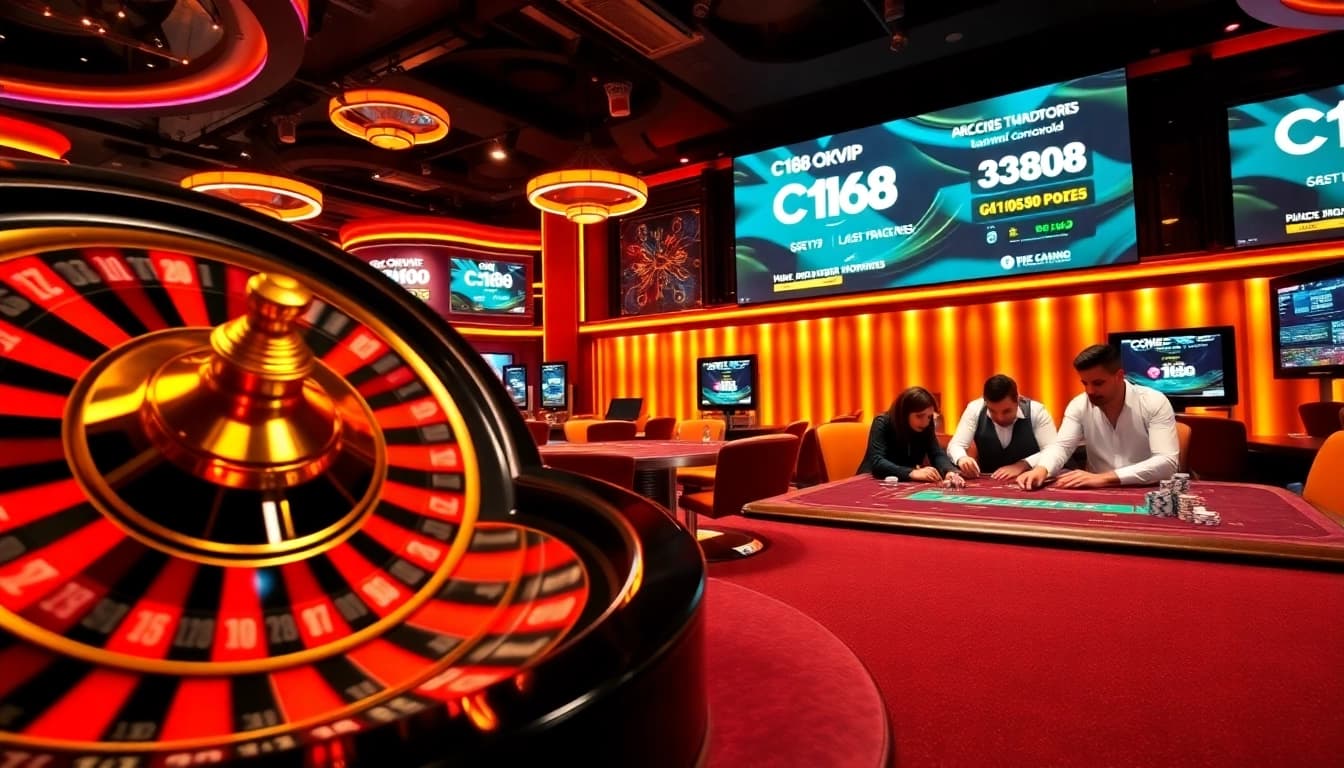 Experience thrilling gameplay at C168 OKVIP with a vibrant online casino scene showcasing poker games and roulette.