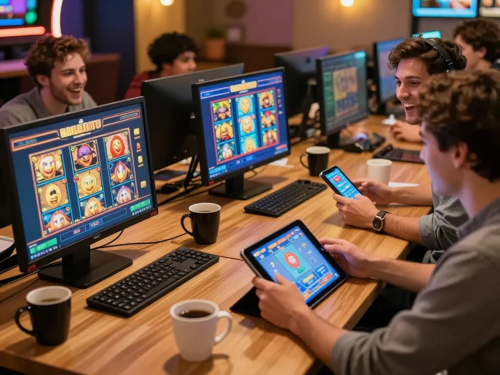Pemain menikmati permainan slot hargatoto di tablet dan smartphone dalam suasana rumah yang nyaman.