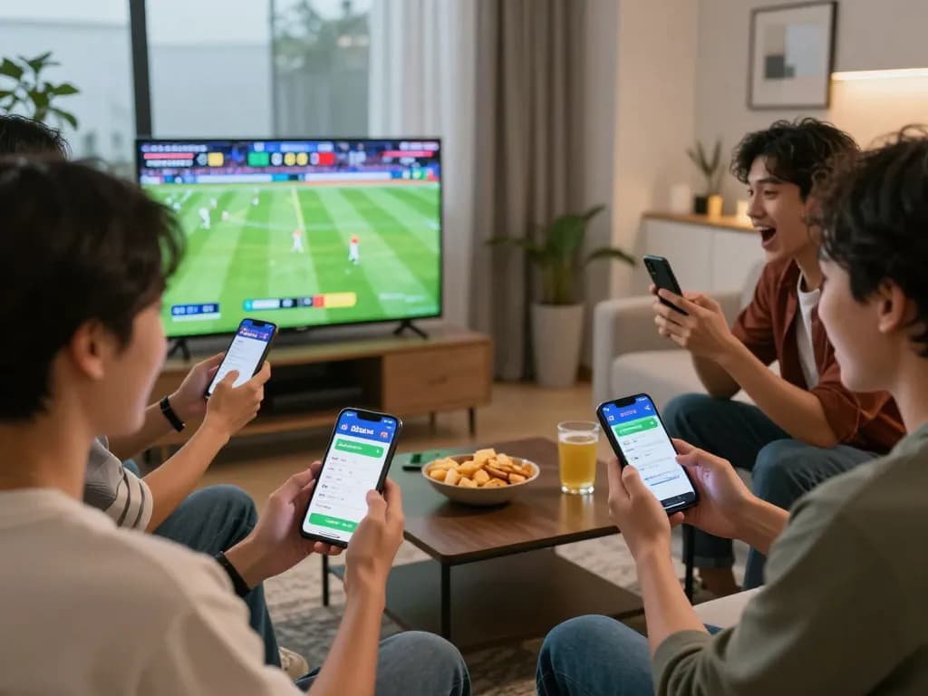 Friends using 88aa app for sports betting in a cozy home setting during a game.