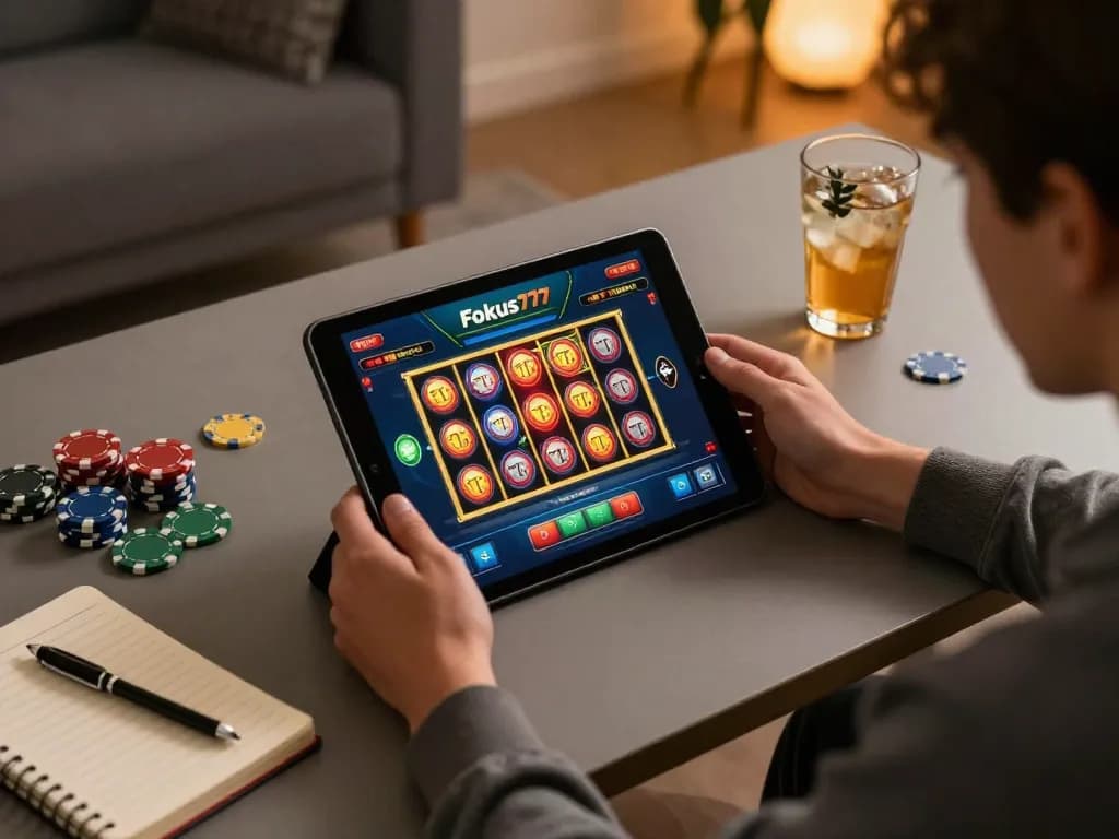 Engaged player exploring Fokus777 slot games on a tablet in a cozy home setting.
