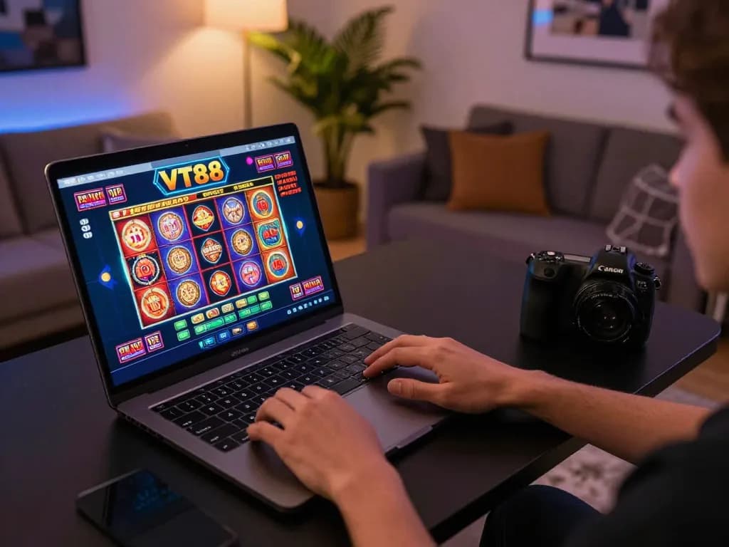 Engaging gameplay on a VT88 online casino interface with a stylish home setup
