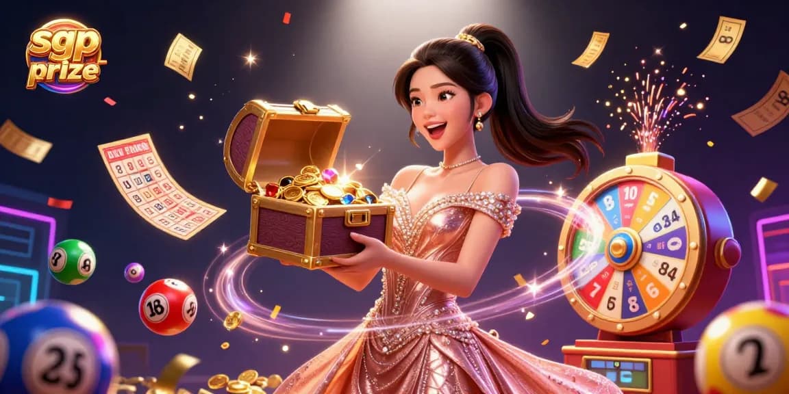 Experience the excitement of SGP prize draws with dynamic lottery elements and treasure visuals.