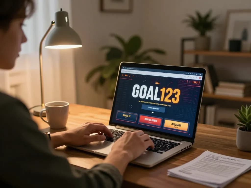 Engaging with goal123 casino online experience using a laptop in a cozy home setting