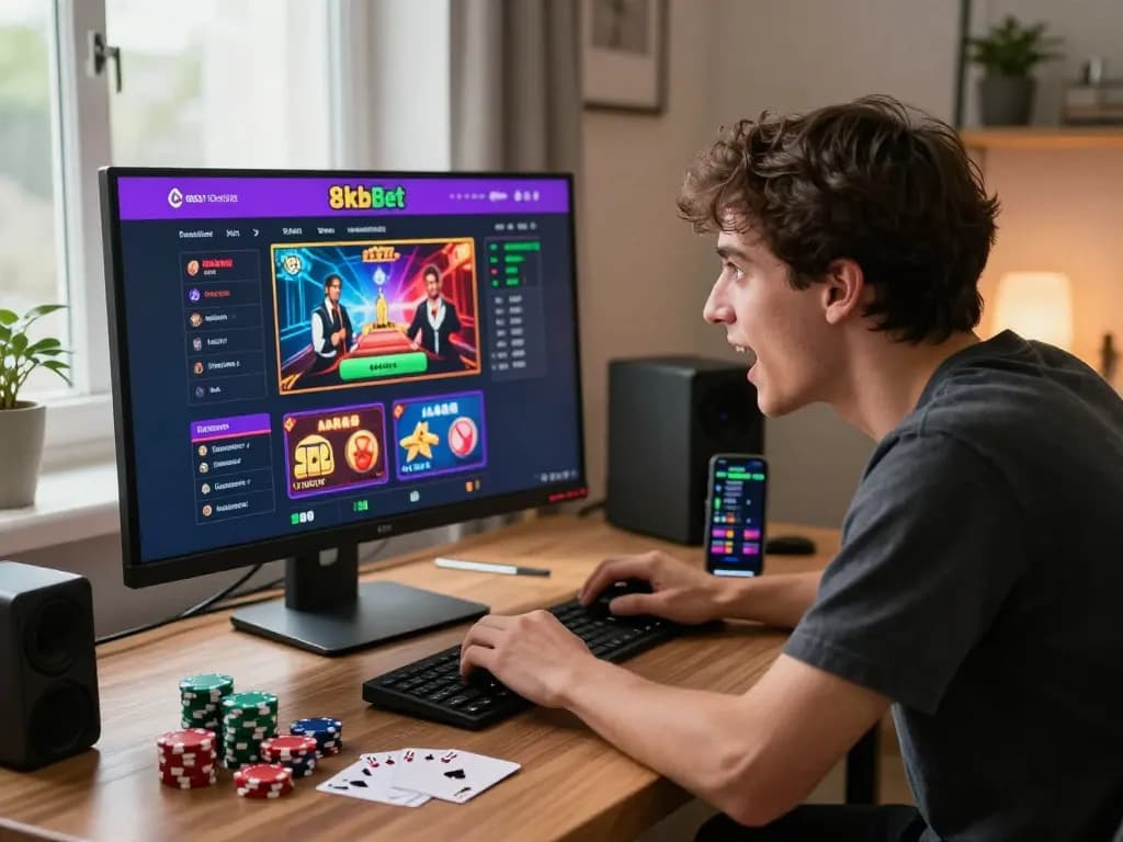 Excited player engaging in online betting on 8kbet, surrounded by gaming accessories in a vibrant home office.