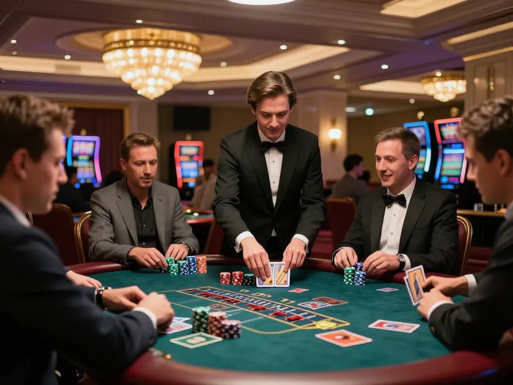 Players đăng ký bets at an exciting blackjack table in a luxurious casino environment.