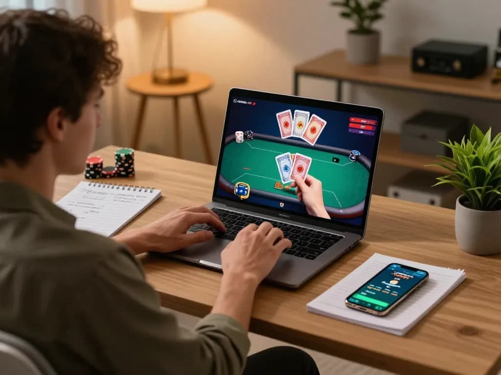 Engaging in strategic poker gameplay on the bdtk66 platform from a stylish home office
