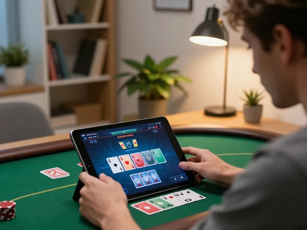 Pemain AJAIBTOTO terlibat dalam permainan poker online yang mendebarkan di tablet dalam suasana rumah yang nyaman
