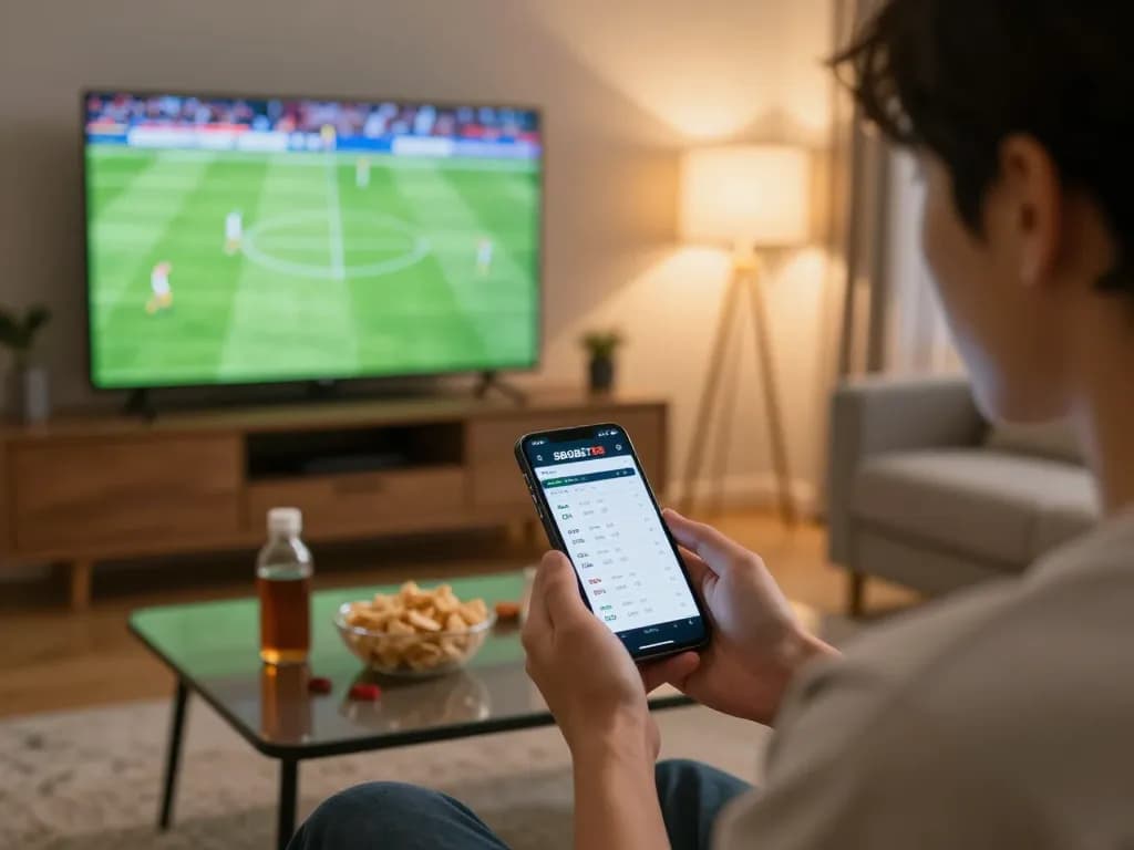 Pengguna SBOBET88 terlibat dalam taruhan olahraga dinamis dengan aplikasi seluler saat pertandingan sepak bola langsung di rumah