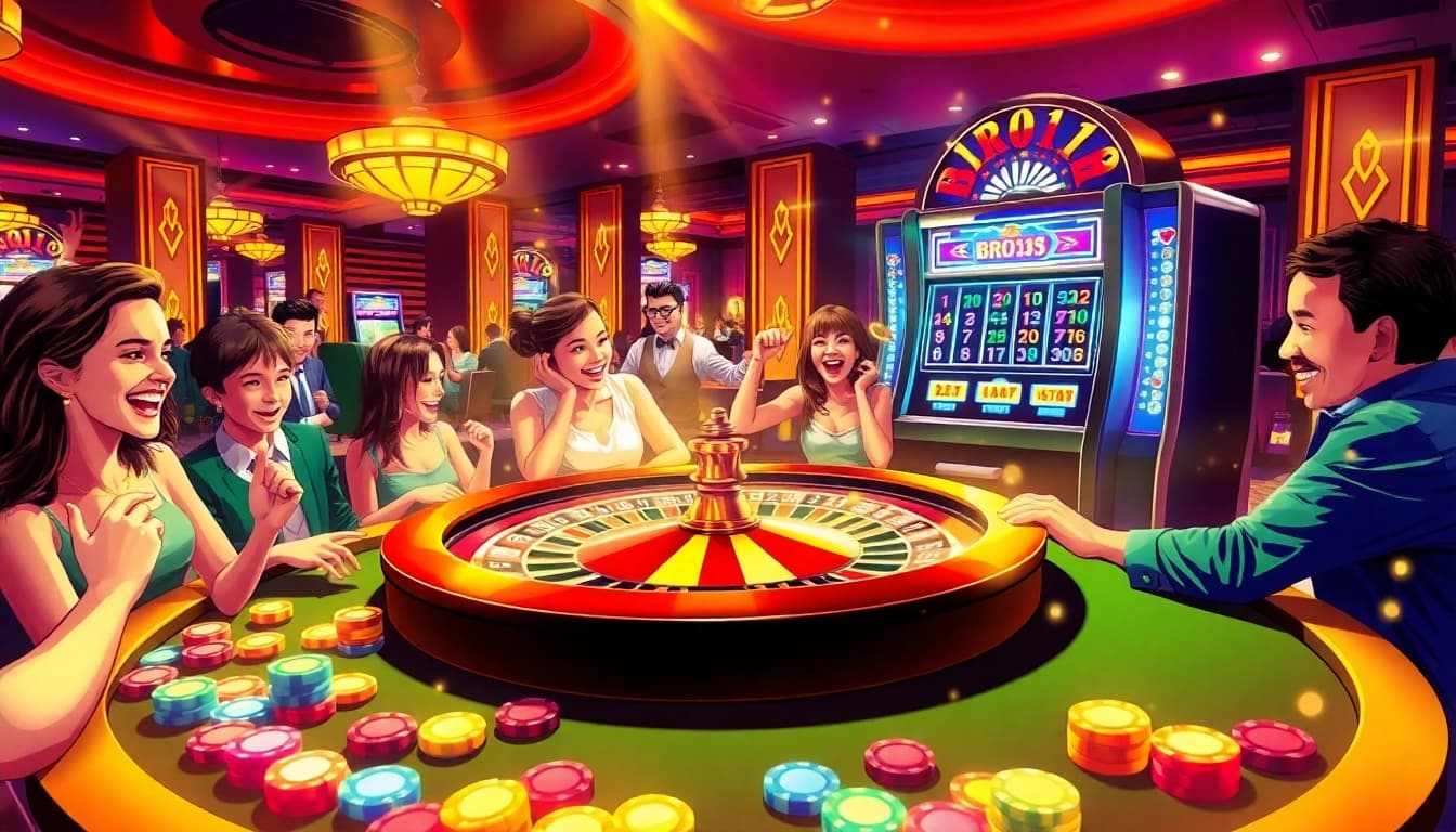 Experience thrilling gameplay at BRO138 with vibrant casino action and players celebrating wins.