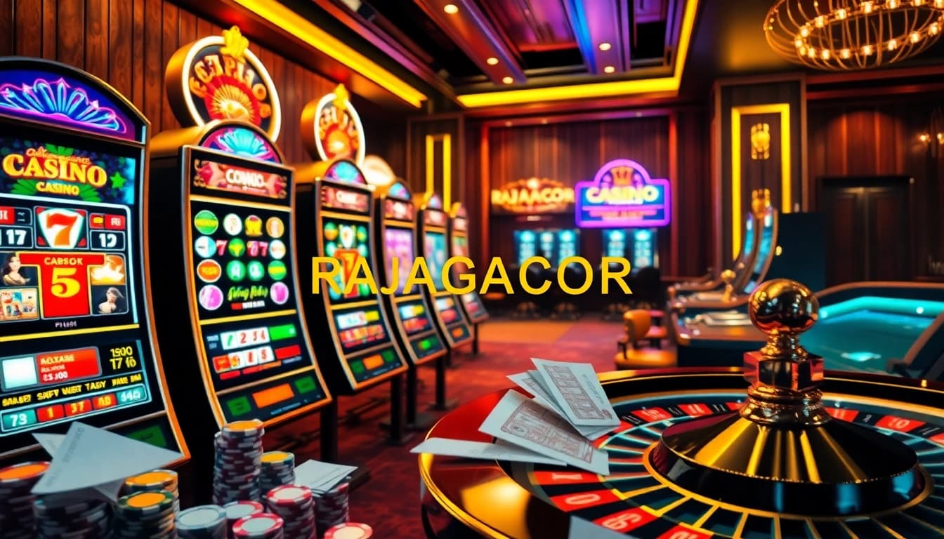 Experience the excitement of RAJAGACOR with a vibrant online casino gaming scene featuring colorful slot machines and luxury elements.
