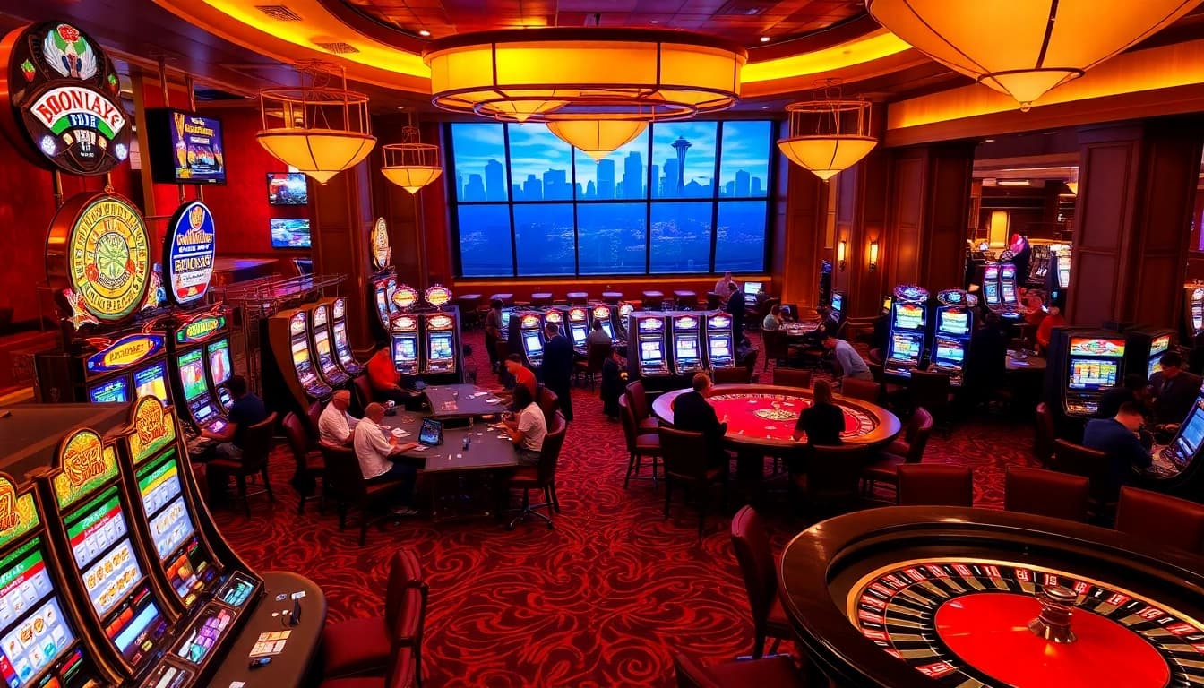 Experience the excitement of SODO with vibrant casino tables and guests enjoying thrilling games.