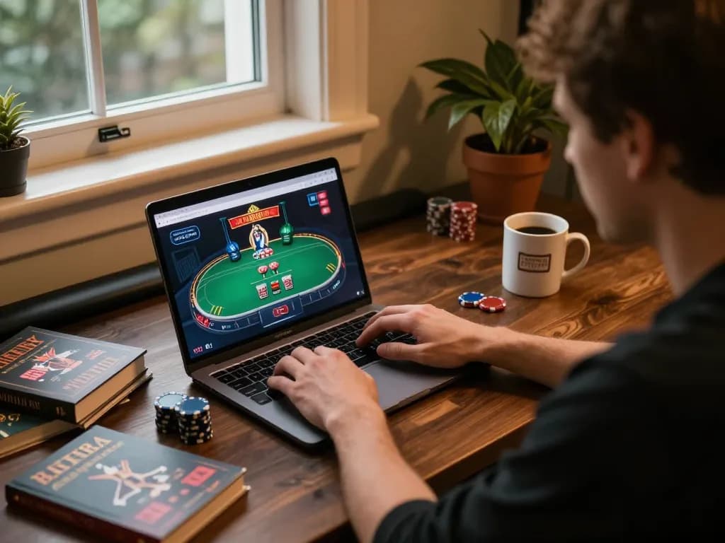 Dewatogel Link Alternatif Login Terbaru showcased as a person using a laptop for strategic online poker gaming at home, cozy atmosphere highlighted