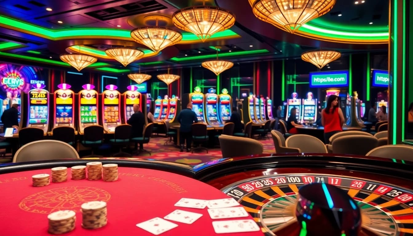 Engaging gambling atmosphere at https://bem88.com with poker table, chips, and vibrant slot machines.