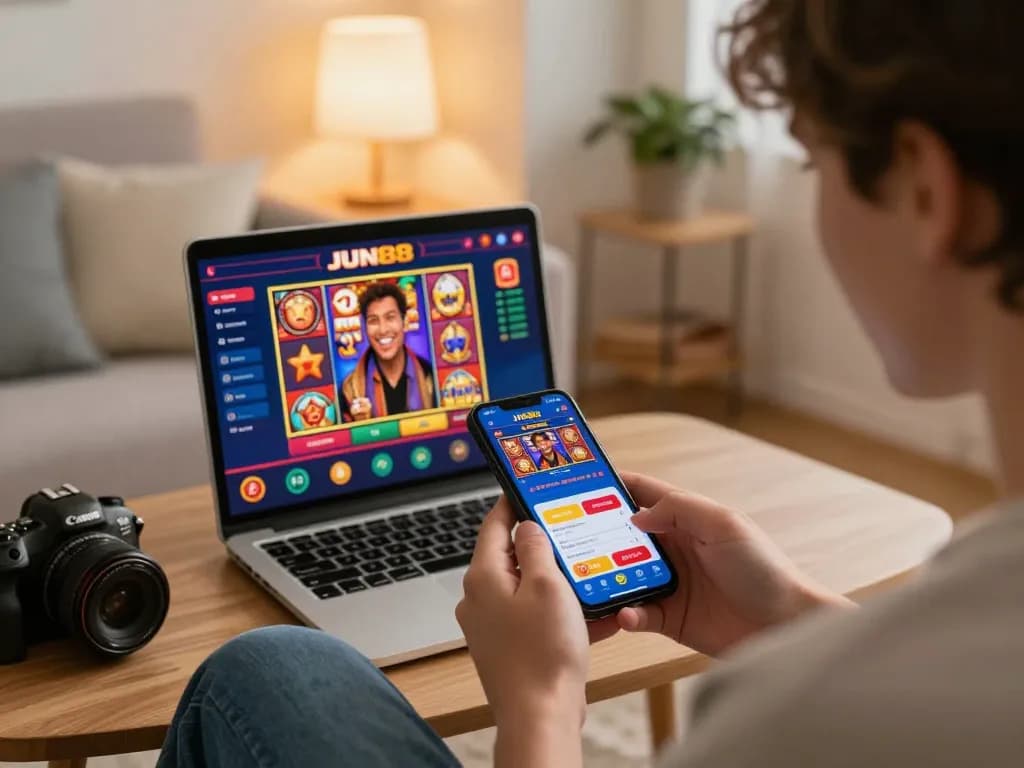 Player enjoying JUN88 casino app on smartphone in a cozy home setting