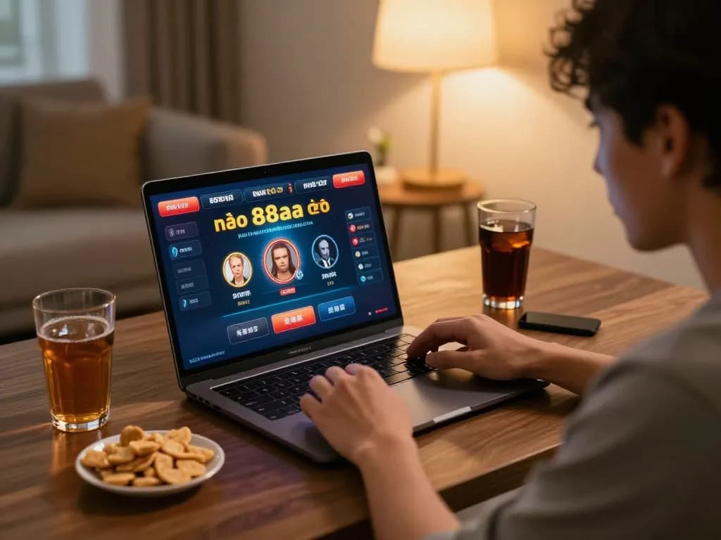 Player enjoying online gaming at nhà cái 88aa on a laptop in a cozy home setup.