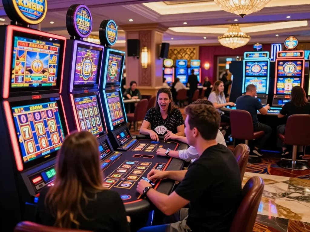 NAGA2000 players celebrating a jackpot win at colorful slot machines, vibrant casino floor atmosphere