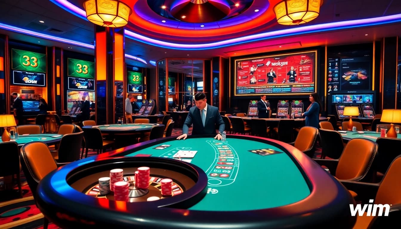 Players enjoying a lively casino experience at 33win, featuring vibrant tables and professional dealers.