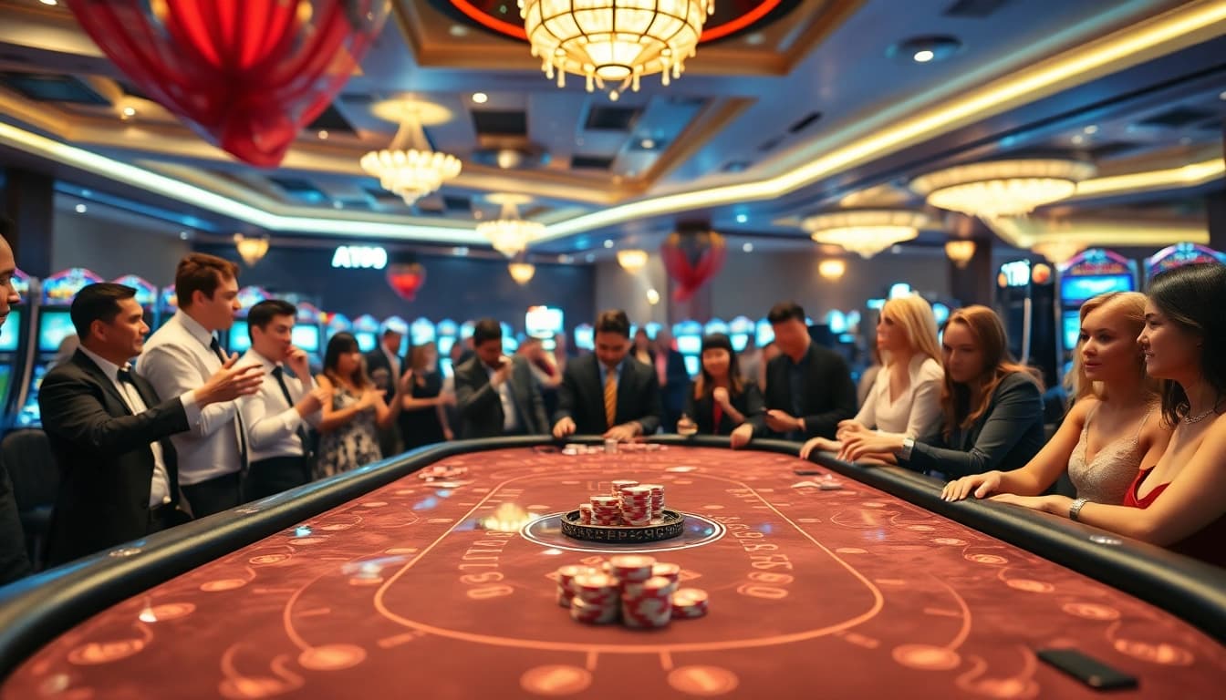 Engage with the vibrant AT99 casino scene, featuring players excitedly at a gaming table.