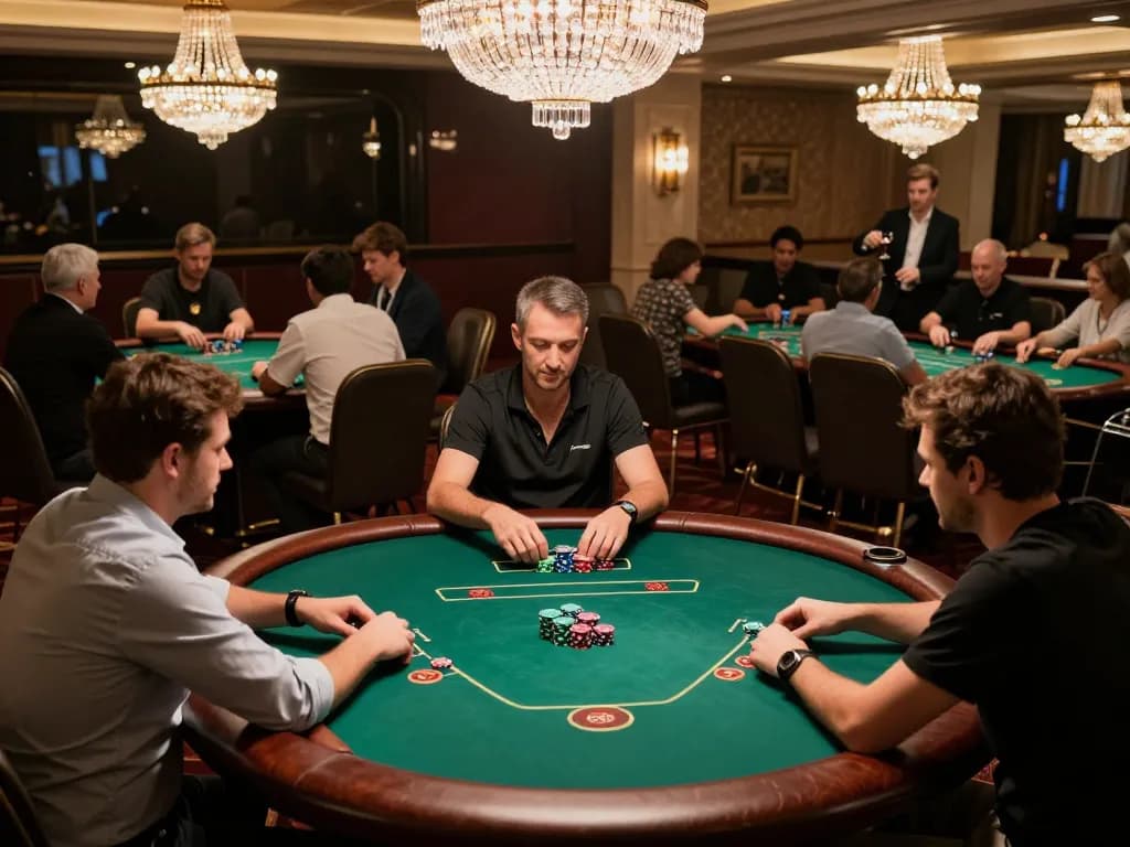 Players engaged in poker games at luxury casino, showcasing excitement and strategies on trang chủ rr88