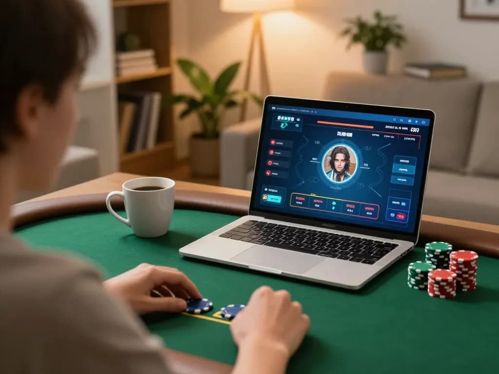 uu88 player strategizing in cozy home poker session with chips and laptop.
