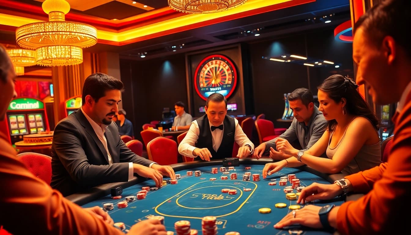 Gamblers playing poker at TR88 casino, showcasing excitement and strategy in a vibrant setting.