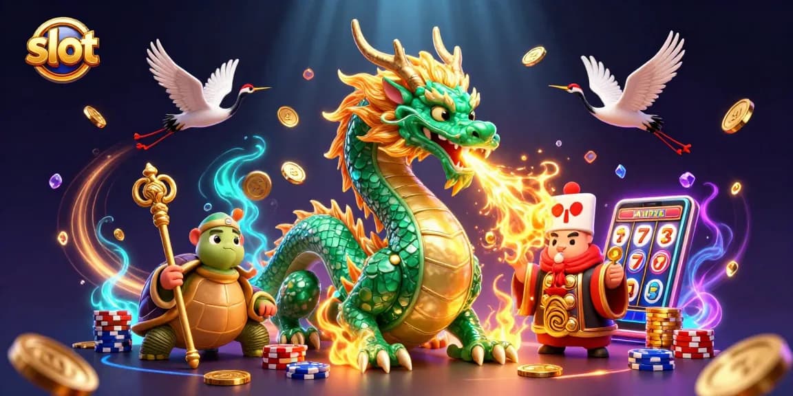Engage with thrilling slot games featuring a vibrant dragon, turtle sage, and lucky cranes.