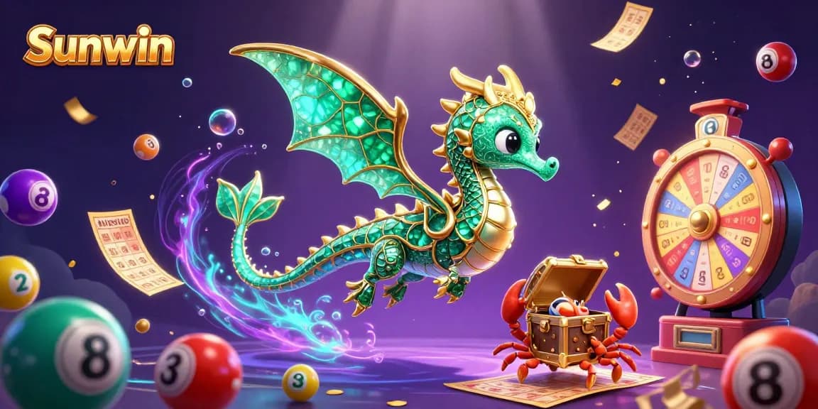 Engage with Sunwin's vibrant gaming experience through an illustrated sea dragon and animated lottery elements.