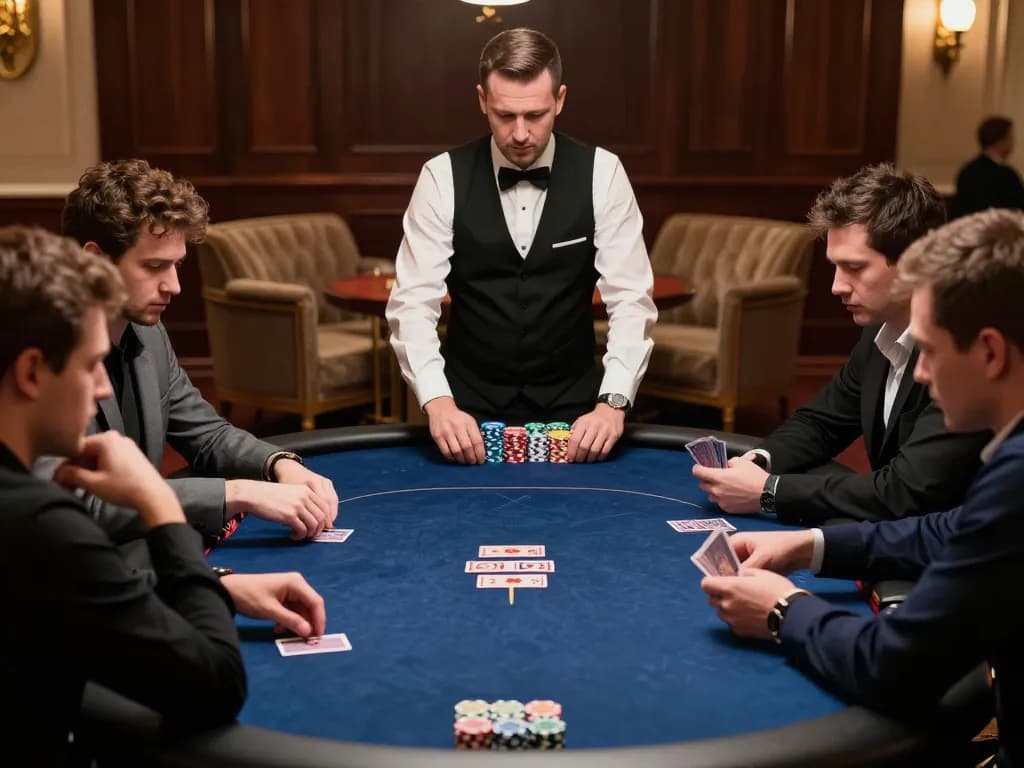 Players engaged in a high-stakes poker game at a lavish table, showcasing da88 strategy in action.