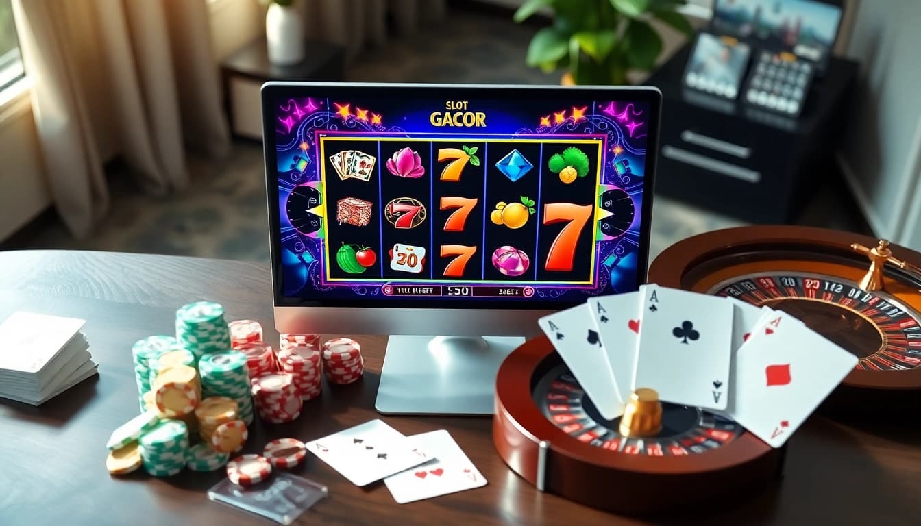 Slot Gacor gaming interface showcasing vibrant online slot game with luxury casino elements.