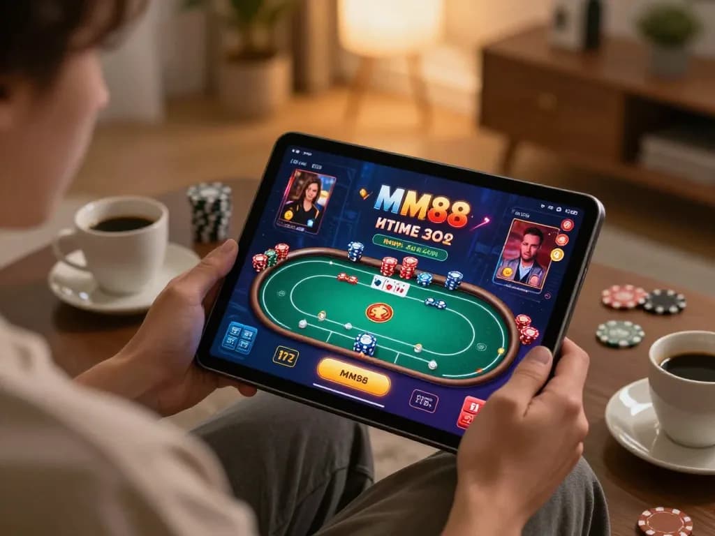 Engaging with MM88 casino app for strategic poker gameplay in a cozy home setting