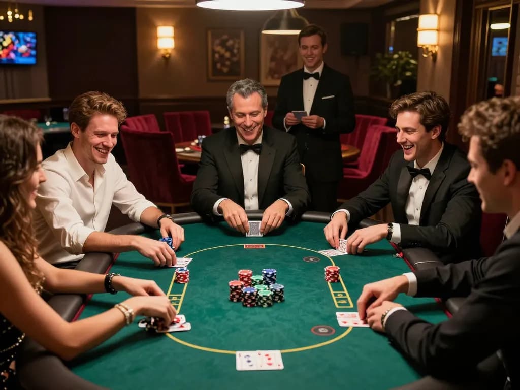 Players strategizing at a poker table in CM88 casino, showcasing excitement and camaraderie.
