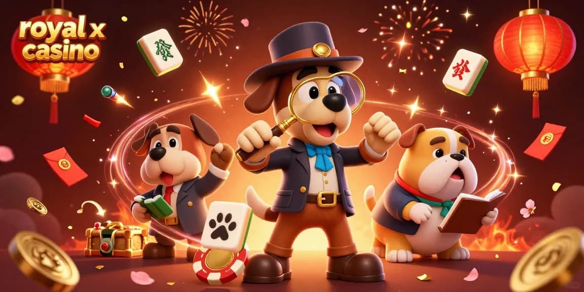 Engage with royal x casino as the cheerful detective reveals winning poker strategies amidst festive game symbols.