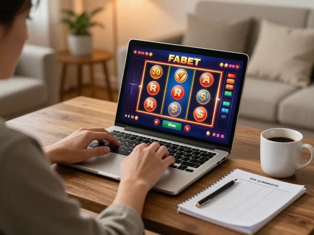 Engaging home gaming scene with a player using FABET for strategic bets and casino gameplay.