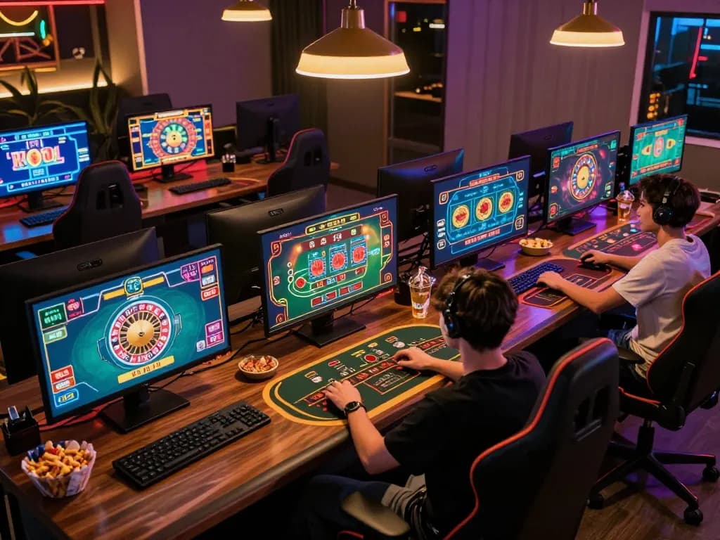 Engaged user enjoying PLANET88 online casino gaming setup with vibrant screens showing multiple games.